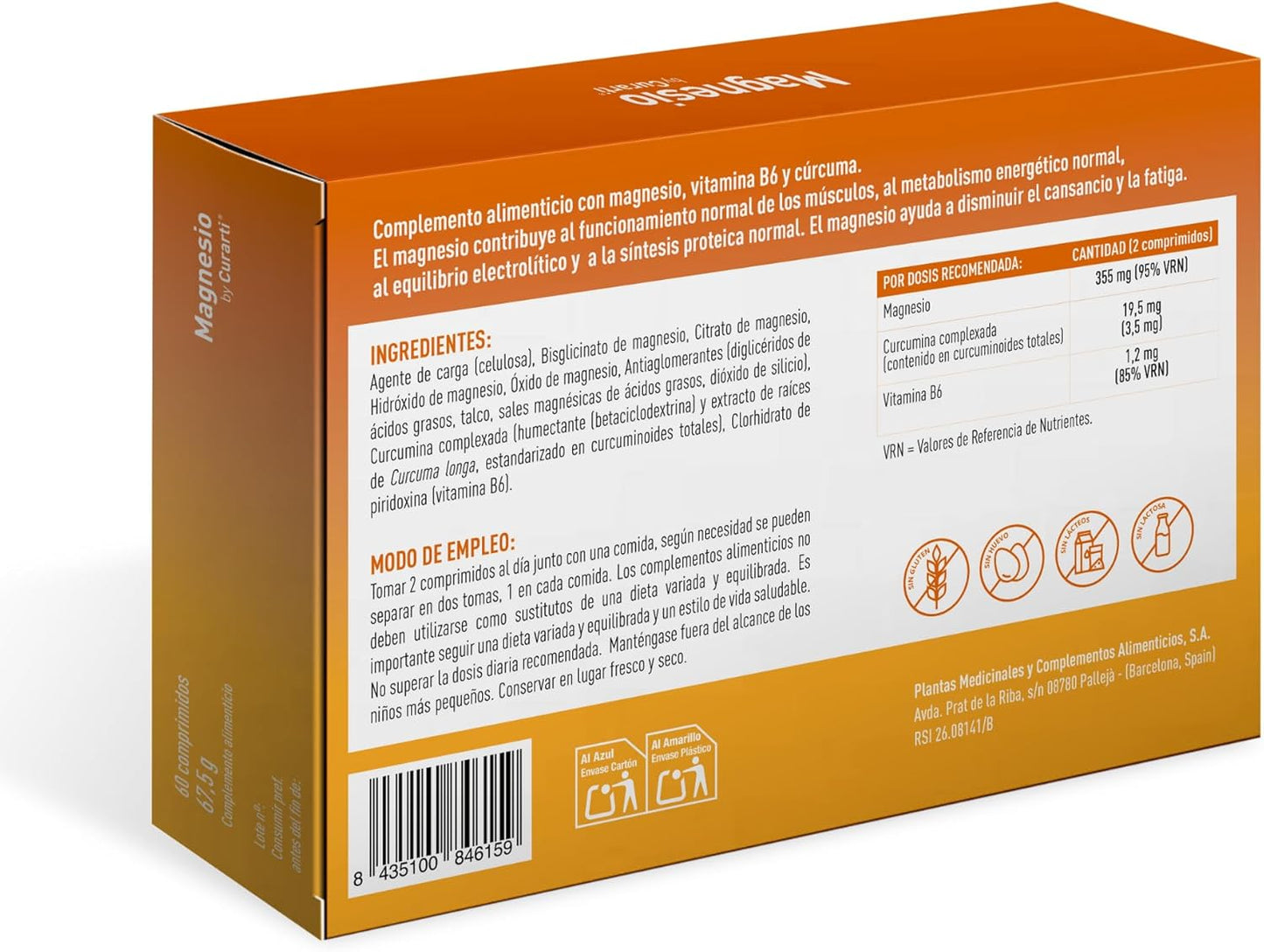 Plameca Magnesium by Curarti - High Supply with 4 Sources of Magnesium: Bisglycinate, Citrate, Hydroxide and Oxide - Extended Release - Reinforced with Turmeric and Vitamin B6-60 Tablets