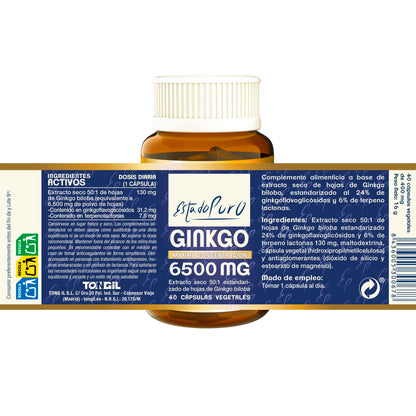 Ginkgo Biloba Estado Puro 6500mg | Extracto Estandarizado y Máxima Concentración | 24% de Flavonoides y 6% de Terpenos | Memoria y Concentración + Circulación | 40 Cápsulas de Tongil