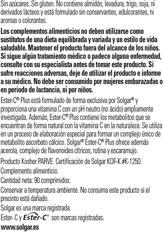 Solgar | Ester-C Plus 1000 Mg Vitamin C | Immune Support Food Supplement | With Vitamin C | For Men & Women | 90 Capsules