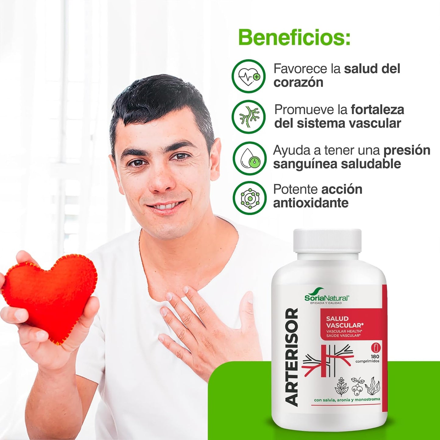 Soria Natural Arterisor - Cardiovascular Health and Circulatory System - With Sage, Aronia and Algae Monostroma - Bottle of 180 Tablets