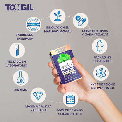 Ginkgo Biloba Estado Puro 6500mg | Extracto Estandarizado y Máxima Concentración | 24% de Flavonoides y 6% de Terpenos | Memoria y Concentración + Circulación | 40 Cápsulas de Tongil
