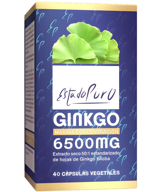 Ginkgo Biloba Estado Puro 6500mg | Extracto Estandarizado y Máxima Concentración | 24% de Flavonoides y 6% de Terpenos | Memoria y Concentración + Circulación | 40 Cápsulas de Tongil