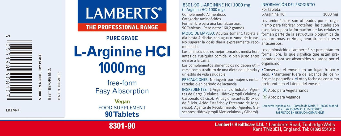 Lamberts L Arginine 1000mg - 90 Tablets