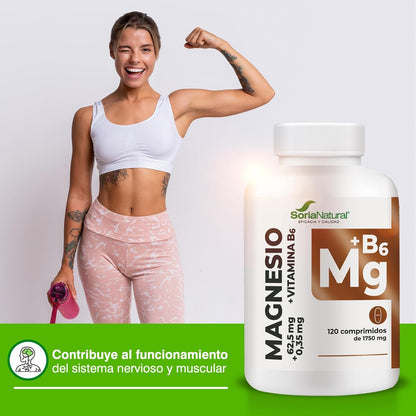 Soria Natural Magnesium + Vitamin B6 High Absorption - Sustained Release - Helps Improve Energy, Sleep, Brain Health and Nerve Function - 120 Tablets