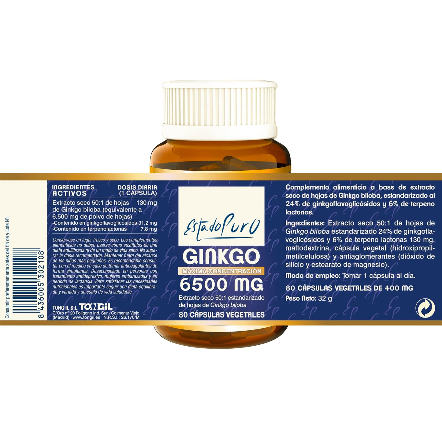 Ginkgo Biloba Estado Puro 6500mg | Extracto Estandarizado y Máxima Concentración | 24% de Flavonoides y 6% de Terpenos | Memoria y Concentración + Circulación | 40 Cápsulas de Tongil