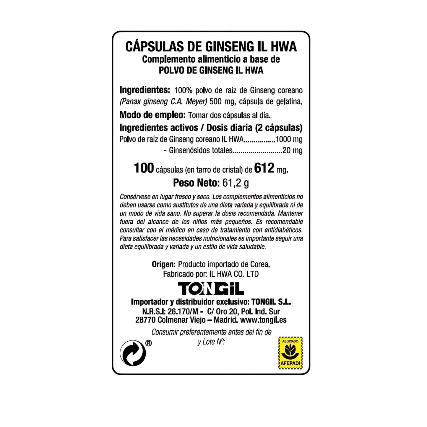 Ginseng Coreano Puro, Calidad Ilhwa, 500 mg, 100 cápsulas | Panax Ginseng 100% Sin aditivos | Energía Física y Mental | Raíces Maduras de Cultivo Propio y Extracción Exclusiva | de TONGIL