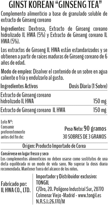 Tongil - Té GINST15 IL Hwa 30 sobres - Té granulado soluble con extracto de ginseng coreano - Cultivo propio y procedimiento de extracción exclusivo