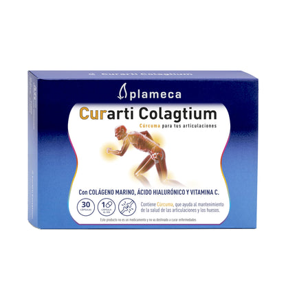 PLAMECA - Curarti Colagtium, Vegetable Capsules with Vitamin C and Curcumin, for Bones, Muscles and Joints, with Hyaluronic Acid, Marine Collagen and Ovomet- 30 Tablets