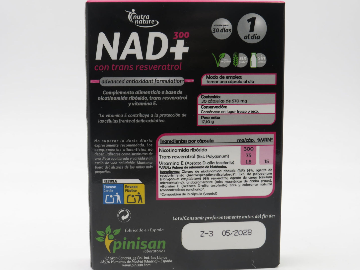 Pinisan NAD+300 Nutranature – 30 Caps – Pack of 2 Units (60 Caps Total) Food Supplement Based on Nicotinamide Riboside, Trans Resveratrol and Vitamin E