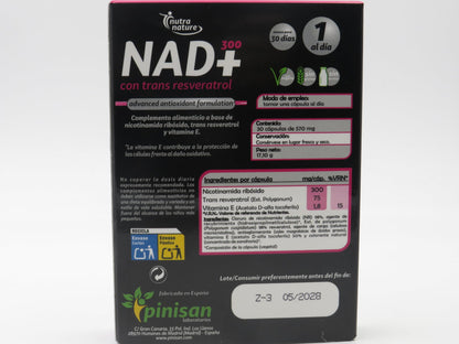 Pinisan NAD+300 Nutranature – 30 Caps – Pack of 2 Units (60 Caps Total) Food Supplement Based on Nicotinamide Riboside, Trans Resveratrol and Vitamin E