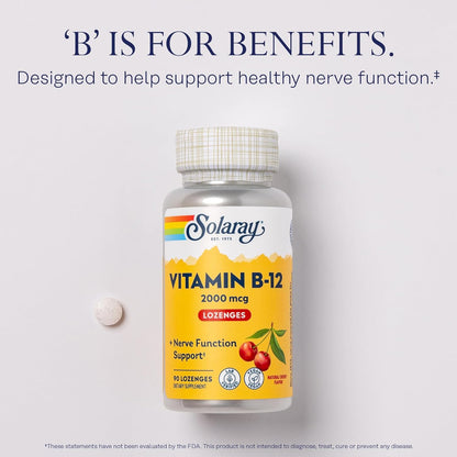 SOLARAY Vitamin B-12 2000mcg | Sugar Free Natural Cherry Flavor | Healthy Energy & Red Blood Cell Support | Gluten Free | Vegan Friendly | 90 Lozenges