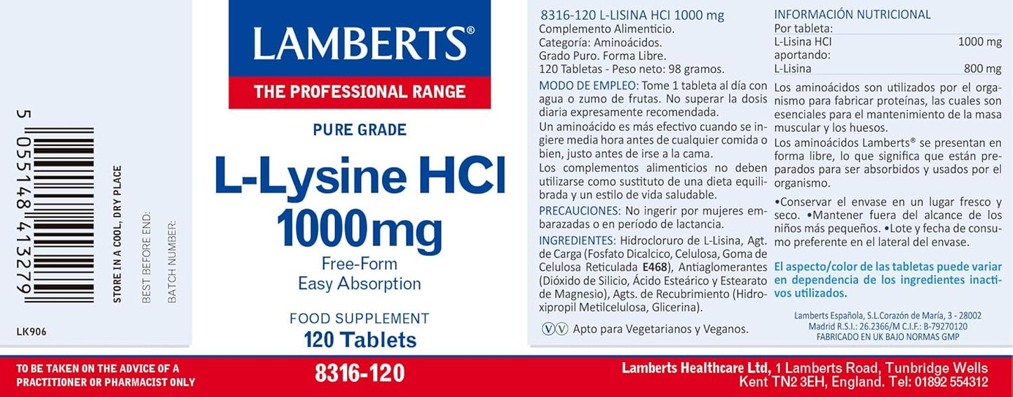 Lamberts L Lysine Hci 1000mg - 120 Tablets