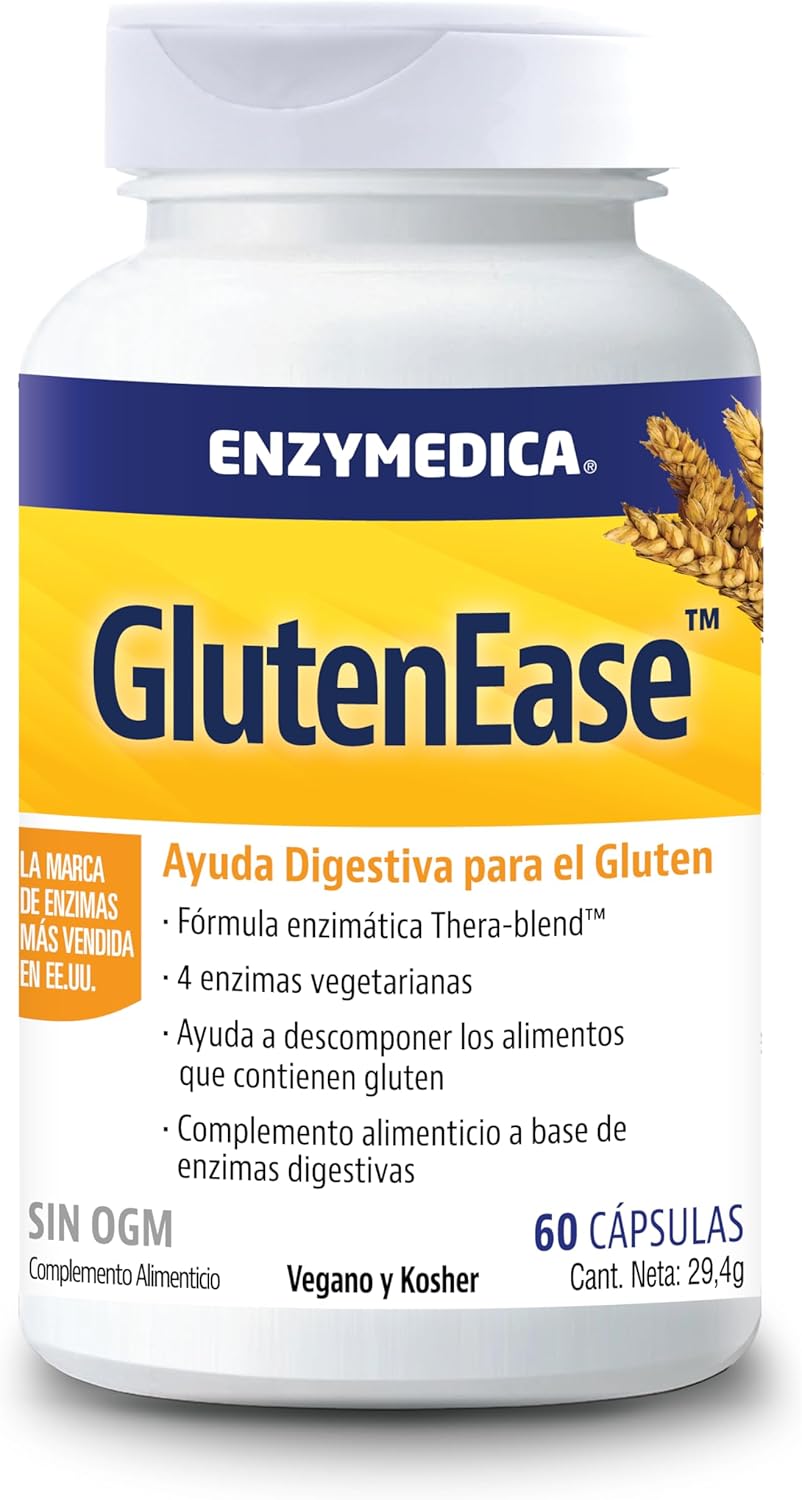 Enzymedica, Glutenease, Indicated Against Gluten and Casein, Enzyme Formula Reduces Gases, Improves Nutrient Absorption, Gluten Free, Dairy Free, Vegan, 60 Capsules