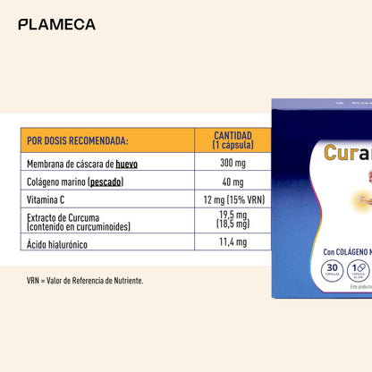 PLAMECA - Curarti Colagtium, Vegetable Capsules with Vitamin C and Curcumin, for Bones, Muscles and Joints, with Hyaluronic Acid, Marine Collagen and Ovomet- 30 Tablets