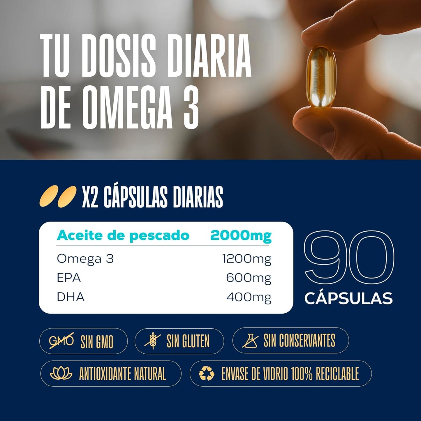 Omega-3 aceite pescado EPA 1200 mg DHA 800 mg 90 perlas