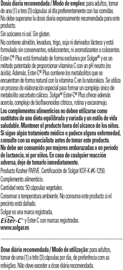 Solgar Vitamin C Ester-c Plus 500 Mg – 50 Vegetable Capsules, Multicoloured, Vanilla, 40 g