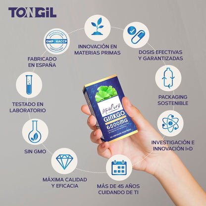 Ginkgo Biloba Estado Puro 6500mg | Extracto Estandarizado y Máxima Concentración | 24% de Flavonoides y 6% de Terpenos | Memoria y Concentración + Circulación | 40 Cápsulas de Tongil