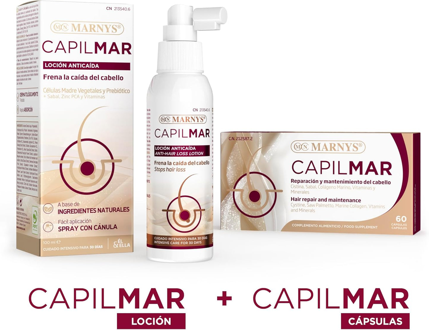 Pack CAPILMAR Anticaída Marnys – 60 Cápsulas + Loción 100 ml – Frena la Caída – Protección Capilar – Recupera Firmeza y Brillo – Cuidado Intensivo 30 Días