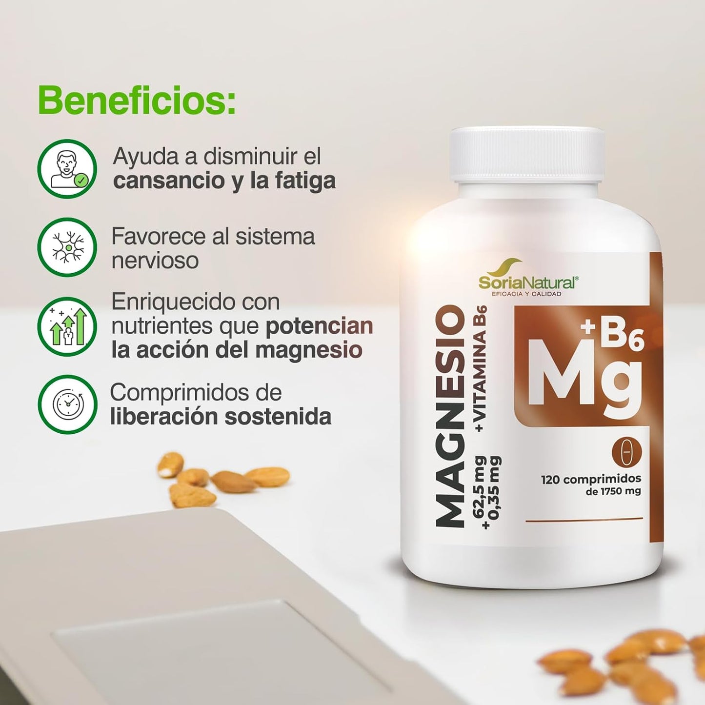 Soria Natural Magnesium + Vitamin B6 High Absorption - Sustained Release - Helps Improve Energy, Sleep, Brain Health and Nerve Function - 120 Tablets