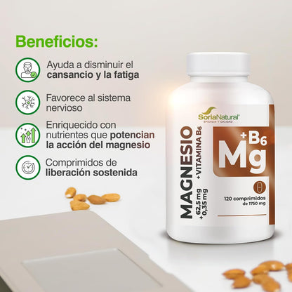 Soria Natural Magnesium + Vitamin B6 High Absorption - Sustained Release - Helps Improve Energy, Sleep, Brain Health and Nerve Function - 120 Tablets