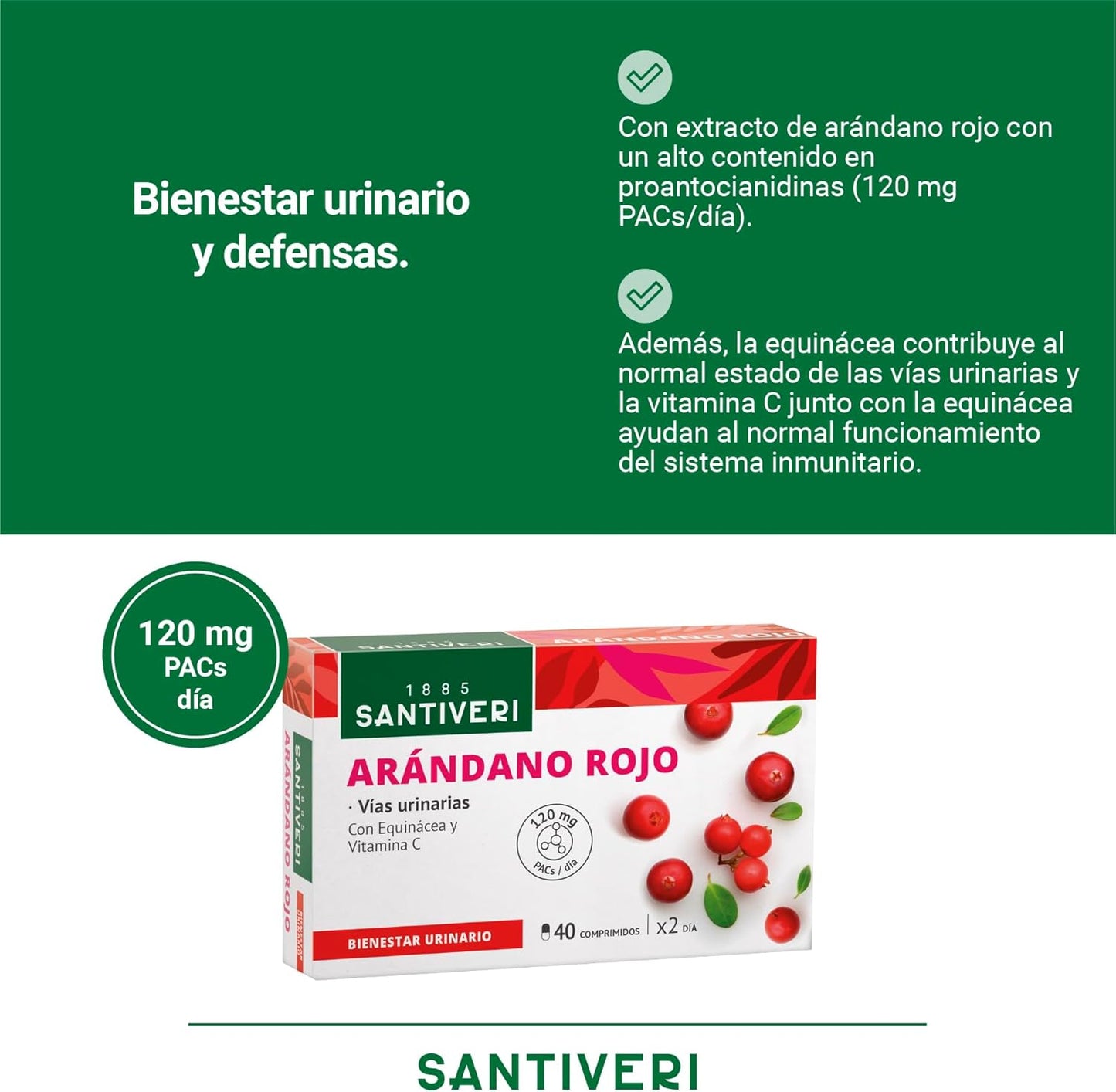 SANTIVERI - Lingonberry, Food Supplement Based on Lingonberry, Echinacea Juice and Vitamin C of Natural Origin, Helps Urinary Wellness - 40 Tablets