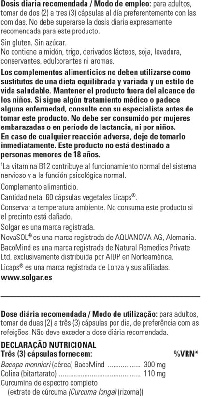 Solgar Solgar | Brain Works with Full Spectrum Curcumin and BacoMind - 60 Vegetable Capsules Licaps 200g