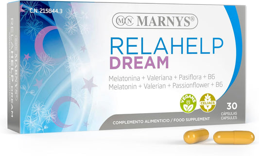 Relahelp Dream Melatonin, Valerian, Passionflower and Melissa - Fall asleep and promote relaxation - Good rest - 30 vegetable capsules for one month