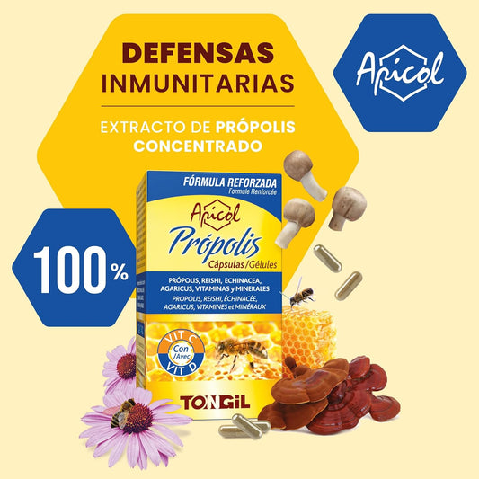 Adult Immune Defenses | Echinacea Propolis and Vitamin C + Reishi + Agaricus + Vitamin D+ Copper + Iron | Vitamins Immune System | 40 Capsules Apicol Tongil