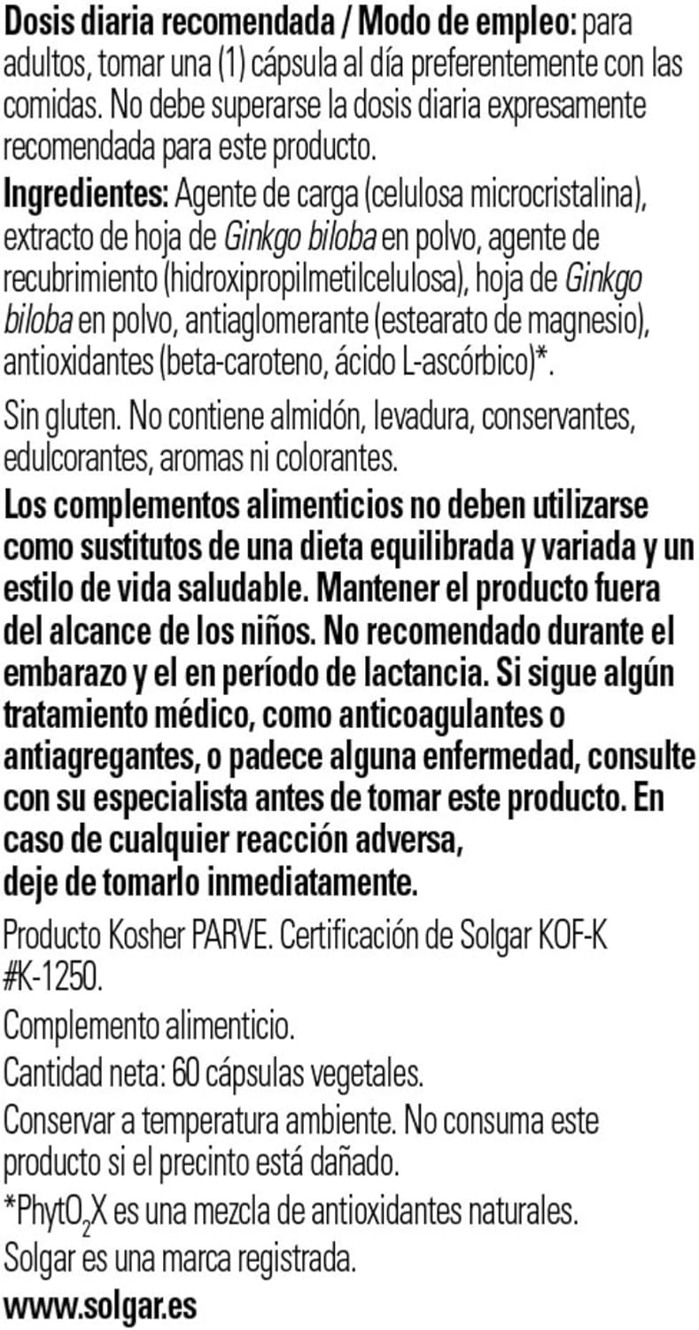 Solgar | Ginkgo Biloba Leaf Extract | 60 Vegetable Capsules, Brown, 100 g