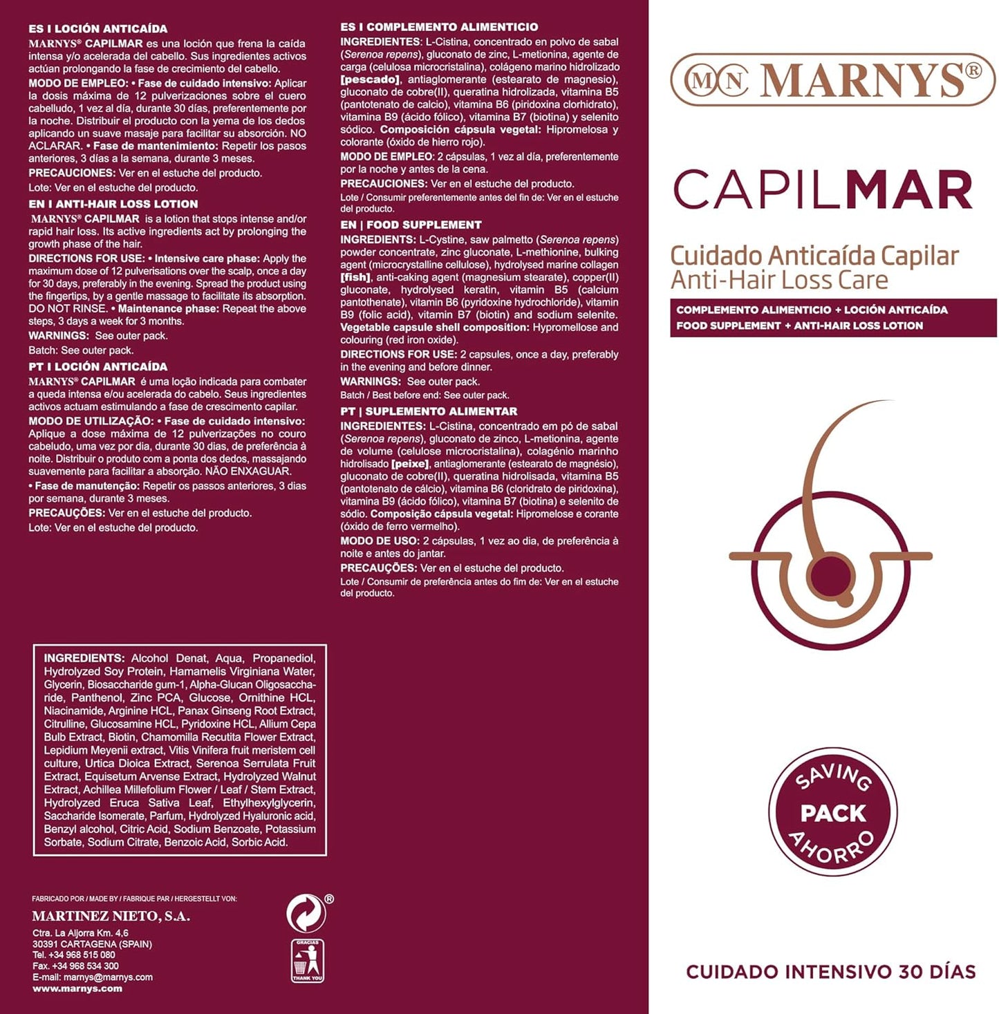 Pack CAPILMAR Anticaída Marnys – 60 Cápsulas + Loción 100 ml – Frena la Caída – Protección Capilar – Recupera Firmeza y Brillo – Cuidado Intensivo 30 Días