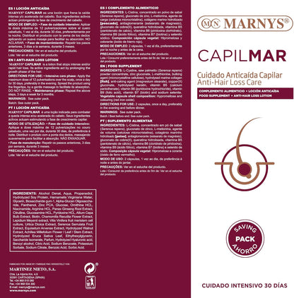 Pack CAPILMAR Anticaída Marnys – 60 Cápsulas + Loción 100 ml – Frena la Caída – Protección Capilar – Recupera Firmeza y Brillo – Cuidado Intensivo 30 Días