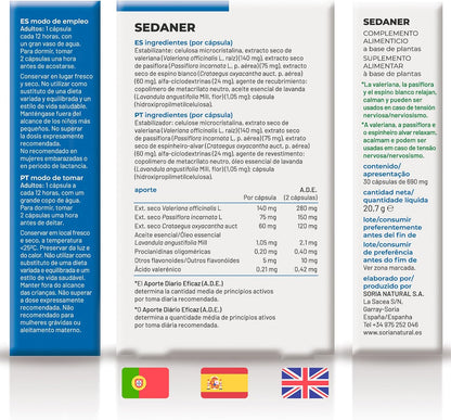 Soria Natural Sedaner - Deep Relaxation & Mental Rest, Emotional Balance - Valerian, Passionflower, Lavender, Hawthorn (60 Capsules)