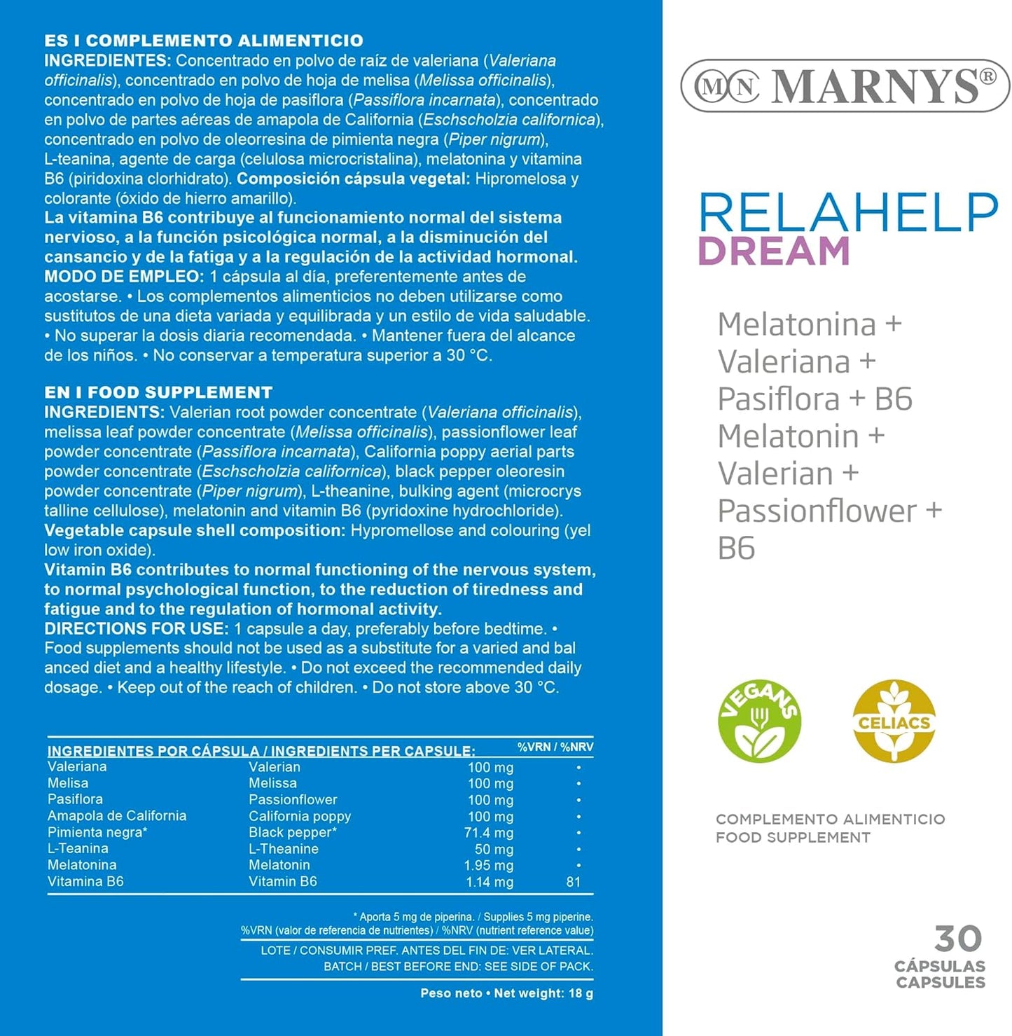 Relahelp Dream Melatonin, Valerian, Passionflower and Melissa - Fall asleep and promote relaxation - Good rest - 30 vegetable capsules for one month