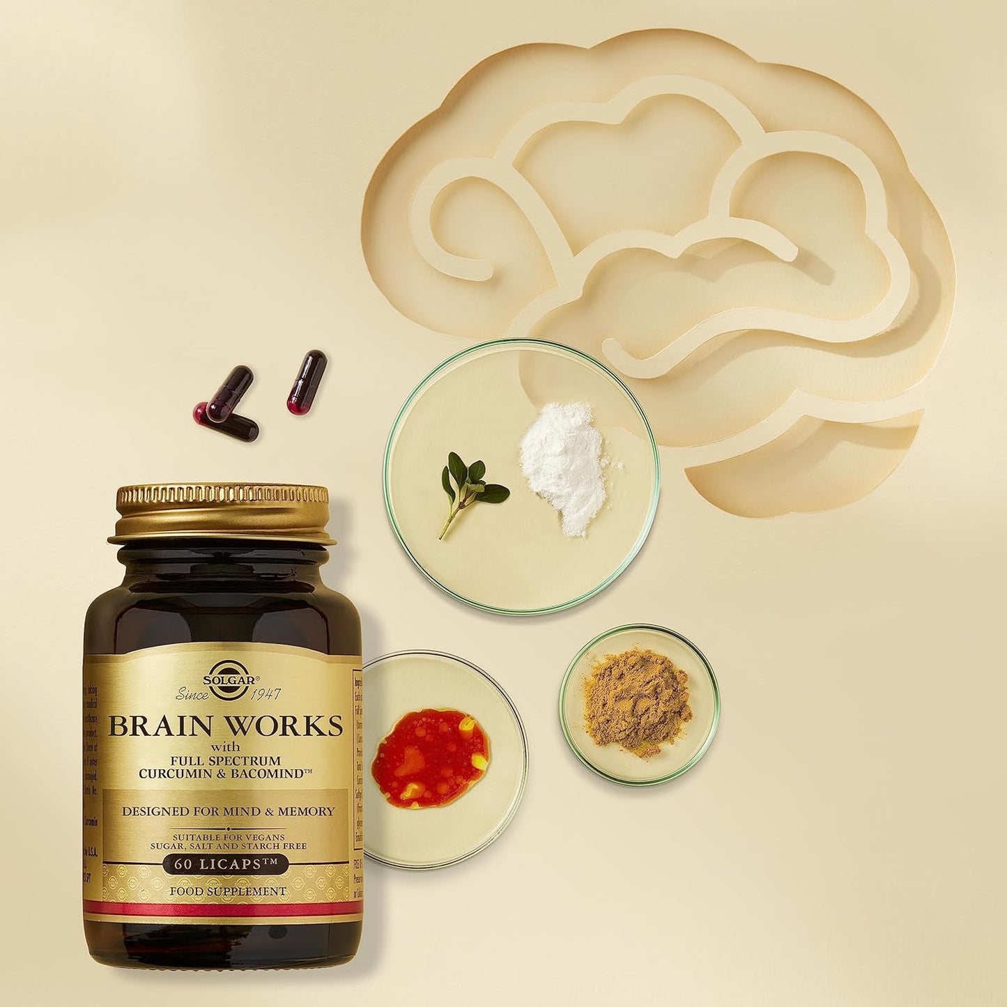 Solgar Solgar | Brain Works with Full Spectrum Curcumin and BacoMind - 60 Vegetable Capsules Licaps 200g