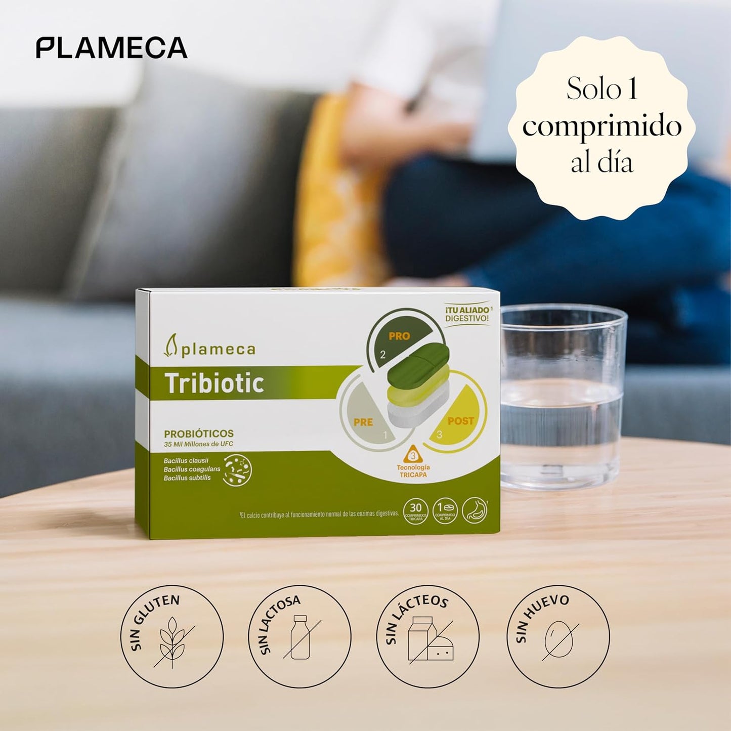 Plameca Tribiotic - 3 in 1 Formula - Intestinal Probiotics and Prebiotics, with Postbiotic - Improves Integral Digestive Health - 30 Tablets for 30 Days