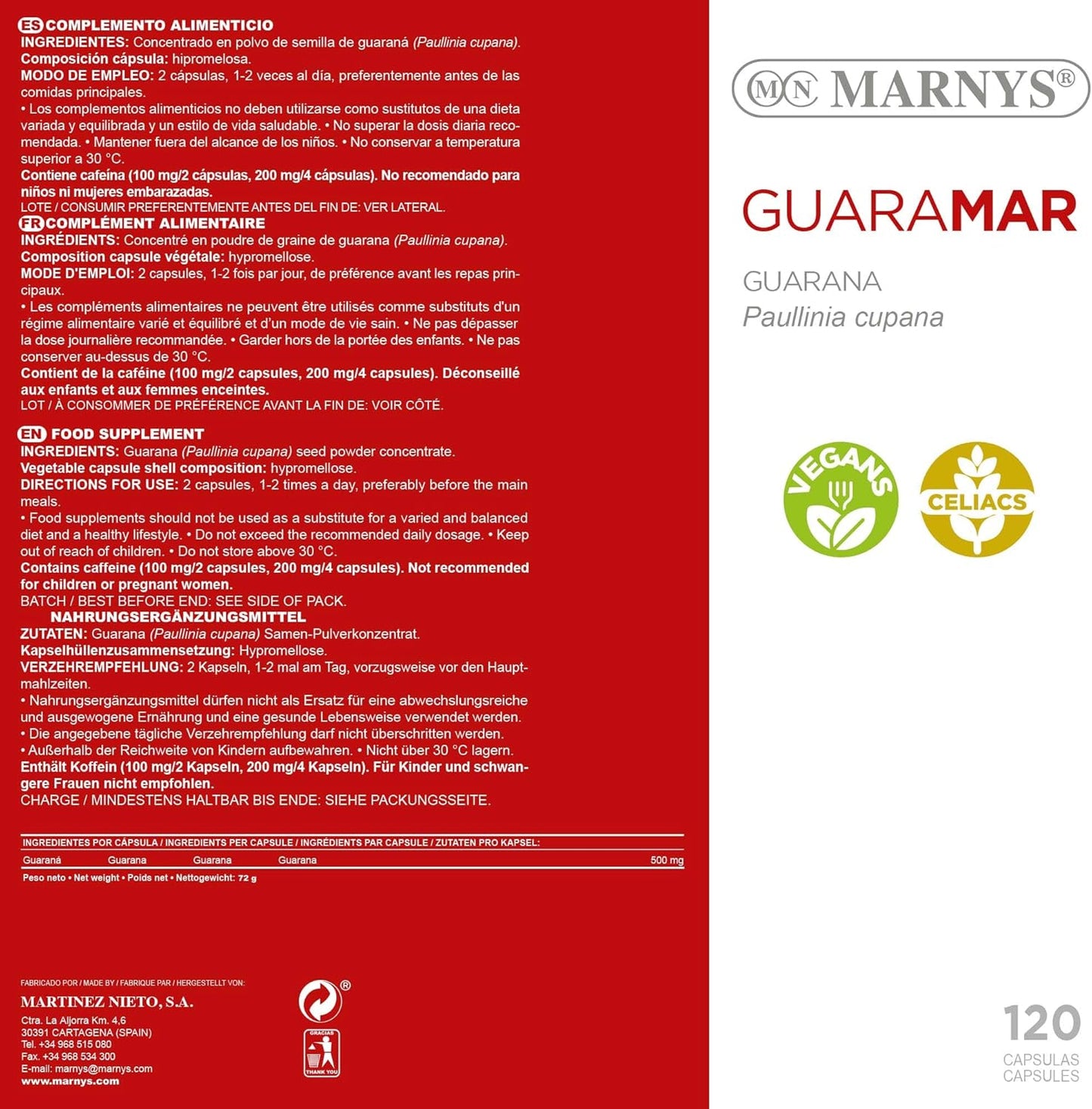 Marny's Guaramar 500mg of Guarana Energy and Tiredness Relief 120 Capsules
