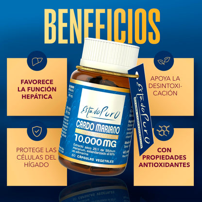 Cardo Mariano Puro 10000 mg | Extracto de semilla concentrado 25:1 con 80 % de silimarina y colina | Apoyo hepático, depuración y desintoxicación | 40 cápsulas vegetales Tongil (1)