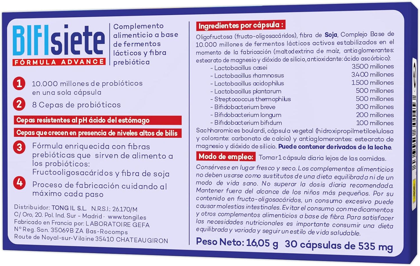 Probioticos Bifisiete 30 Cápsulas | Probioticos y Prebioticos Intestinales | 10 Mil Millones UFC | Alta Supervivencia Gastrointestinal | de Tongil