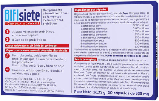 Probioticos Bifisiete 30 Cápsulas | Probioticos y Prebioticos Intestinales | 10 Mil Millones UFC | Alta Supervivencia Gastrointestinal | de Tongil