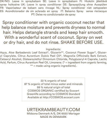 Urtekram Coconut Rinse Free Spray Conditioner with Organic Coconut Nectar, Natural Hydration and Frizz Control for Normal, Vegan and Natural Hair, 250 ml