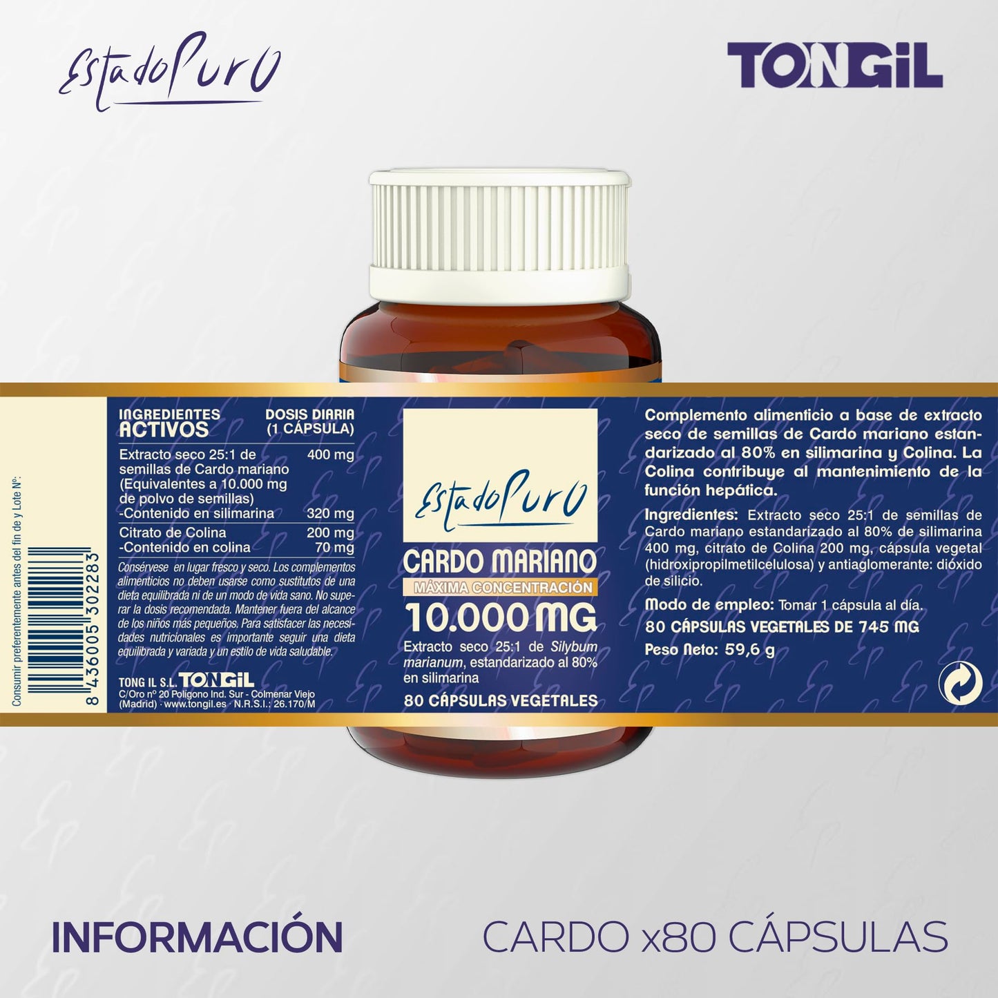 Cardo Mariano Puro 10000 mg | Extracto de semilla concentrado 25:1 con 80 % de silimarina y colina | Apoyo hepático, depuración y desintoxicación | 40 cápsulas vegetales Tongil (1)