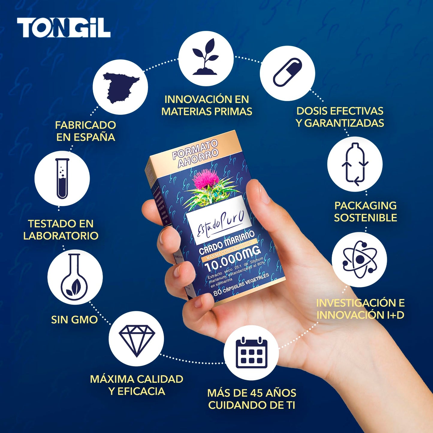 Cardo Mariano Puro 10000 mg | Extracto de semilla concentrado 25:1 con 80 % de silimarina y colina | Apoyo hepático, depuración y desintoxicación | 40 cápsulas vegetales Tongil (1)