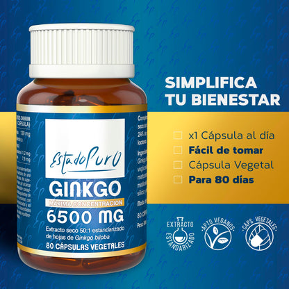 Ginkgo Biloba Estado Puro 6500mg | Extracto Estandarizado y Máxima Concentración | 24% de Flavonoides y 6% de Terpenos | Memoria y Concentración + Circulación | 40 Cápsulas de Tongil