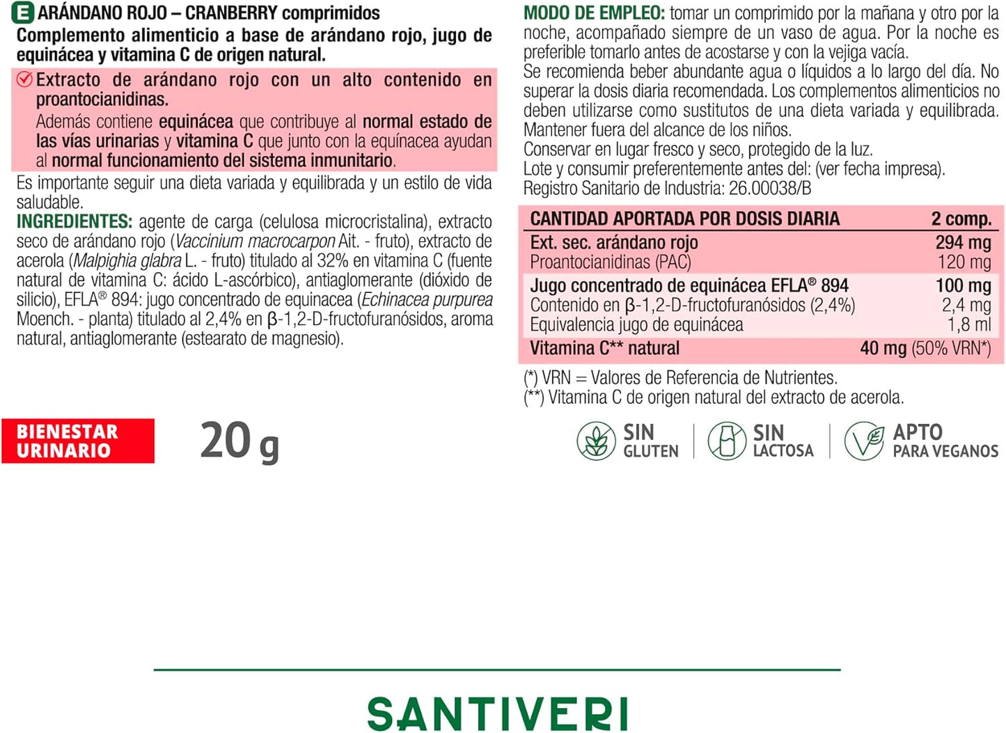 SANTIVERI - Lingonberry, Food Supplement Based on Lingonberry, Echinacea Juice and Vitamin C of Natural Origin, Helps Urinary Wellness - 40 Tablets
