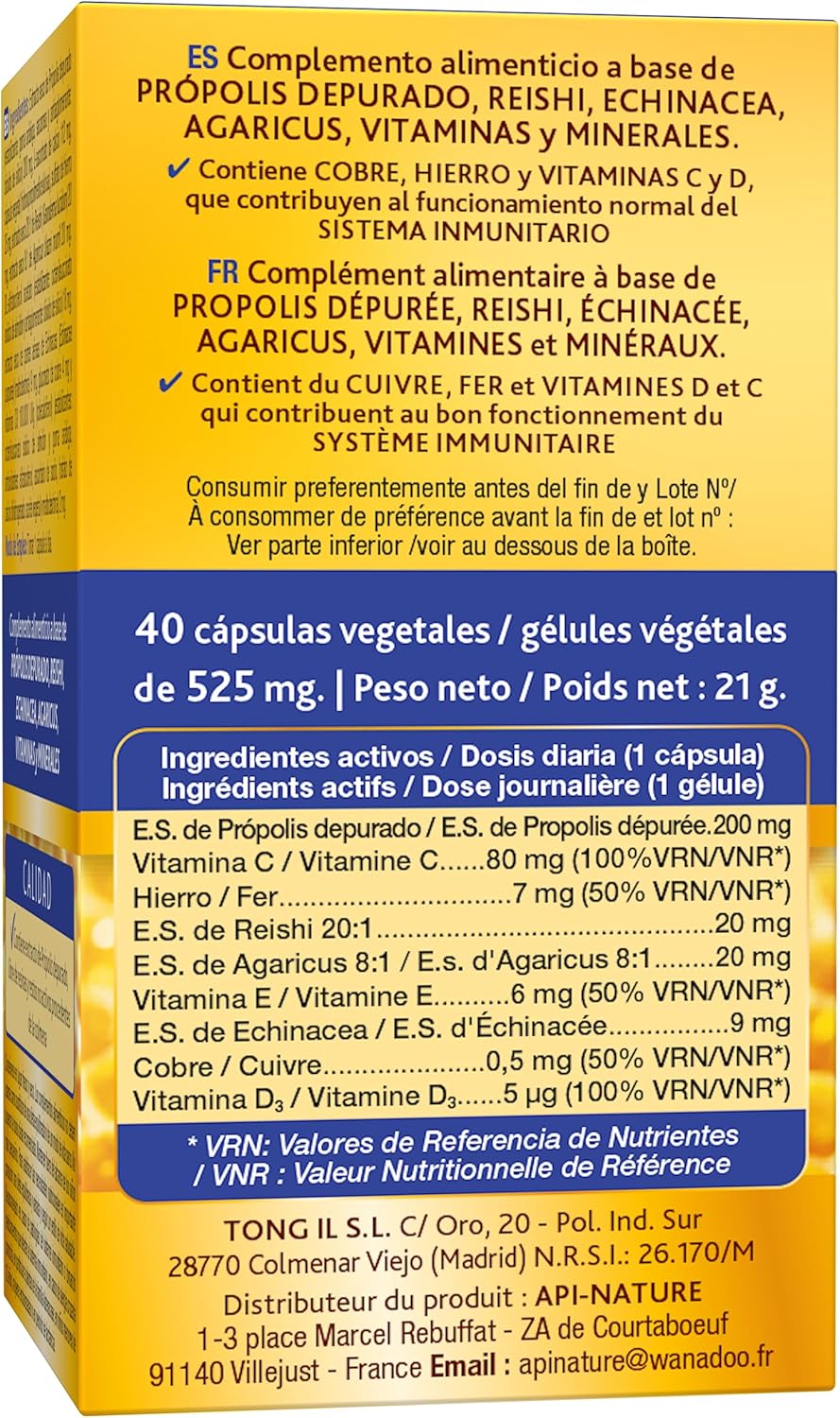 Adult Immune Defenses | Echinacea Propolis and Vitamin C + Reishi + Agaricus + Vitamin D+ Copper + Iron | Vitamins Immune System | 40 Capsules Apicol Tongil