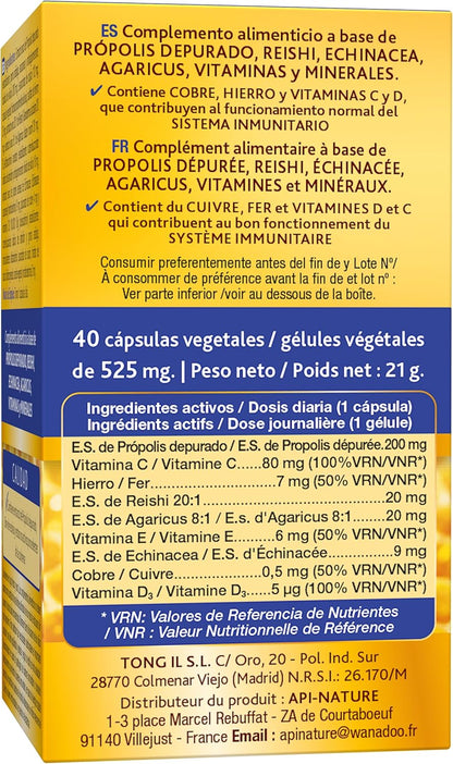 Adult Immune Defenses | Echinacea Propolis and Vitamin C + Reishi + Agaricus + Vitamin D+ Copper + Iron | Vitamins Immune System | 40 Capsules Apicol Tongil