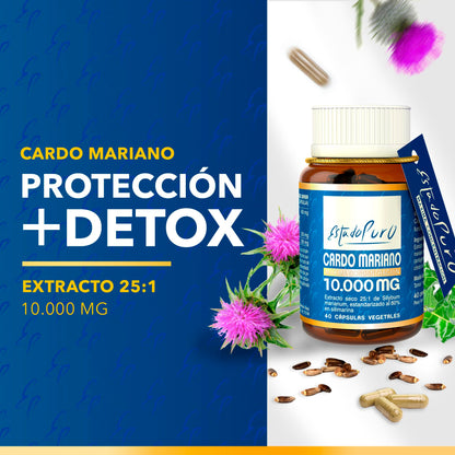 Cardo Mariano Puro 10000 mg | Extracto de semilla concentrado 25:1 con 80 % de silimarina y colina | Apoyo hepático, depuración y desintoxicación | 40 cápsulas vegetales Tongil (1)