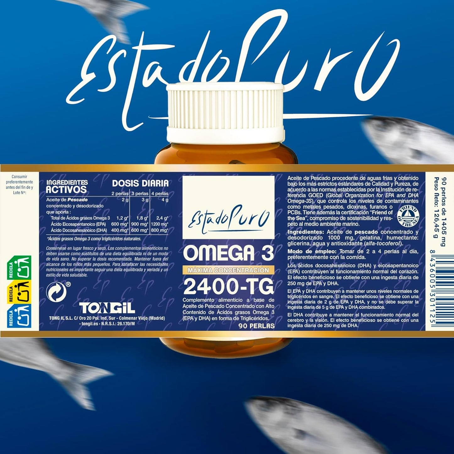 Omega-3 aceite pescado EPA 1200 mg DHA 800 mg 90 perlas