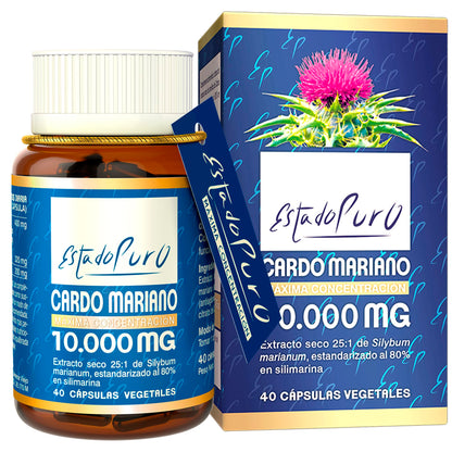 Cardo Mariano Puro 10000 mg | Extracto de semilla concentrado 25:1 con 80 % de silimarina y colina | Apoyo hepático, depuración y desintoxicación | 40 cápsulas vegetales Tongil (1)