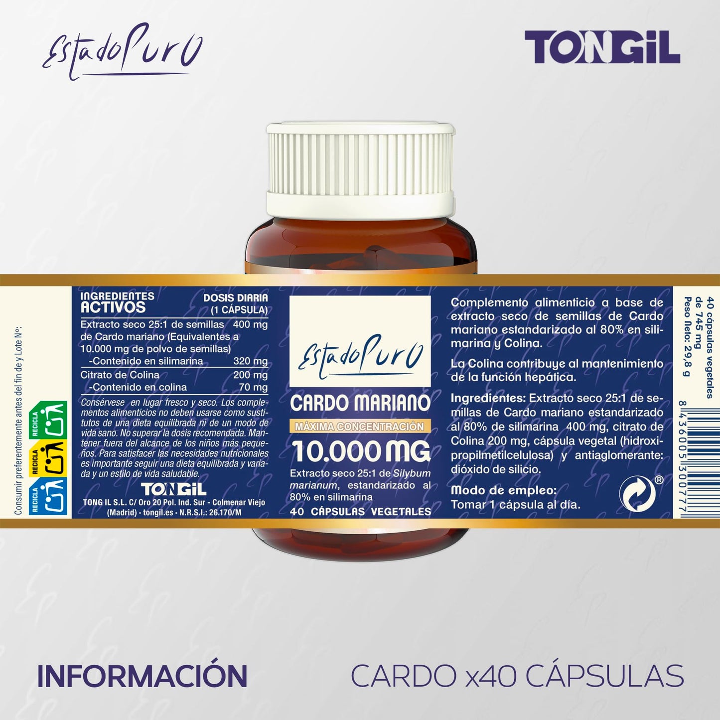 Cardo Mariano Puro 10000 mg | Extracto de semilla concentrado 25:1 con 80 % de silimarina y colina | Apoyo hepático, depuración y desintoxicación | 40 cápsulas vegetales Tongil (1)